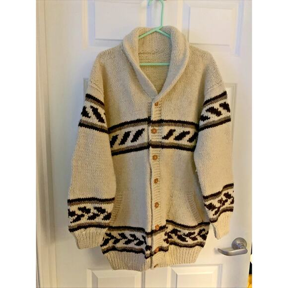 VTG Cowichan Sweater Chunky Wool Hand Knit 60s/70s Shawl Collar Cardigan Buttons - Picture 1 of 8